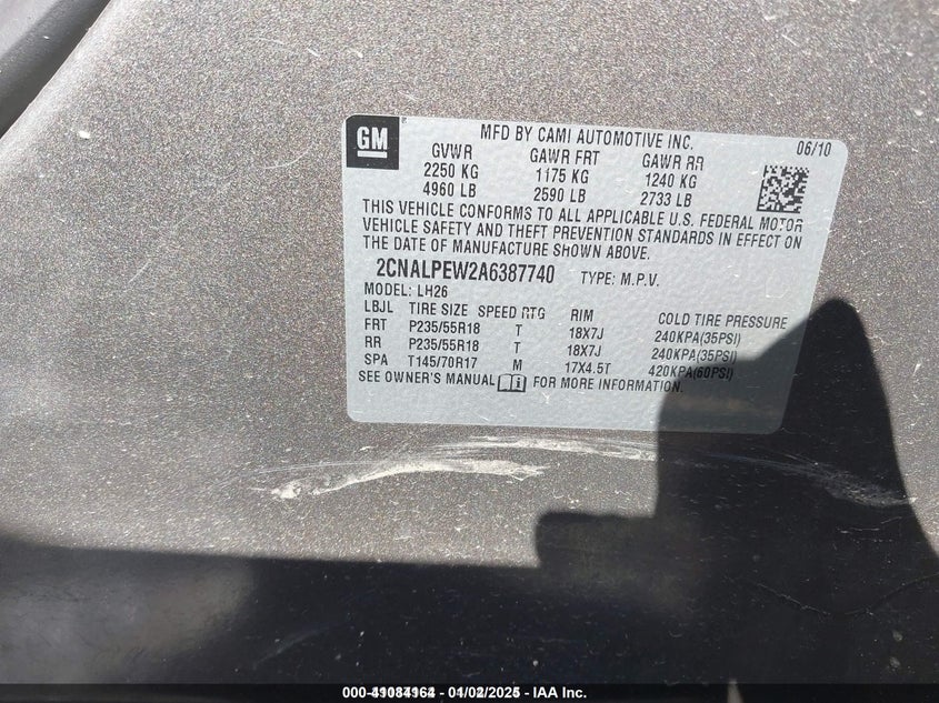 2010 CHEVROLET EQUINOX VIN: 2CNALPEW2A6387740