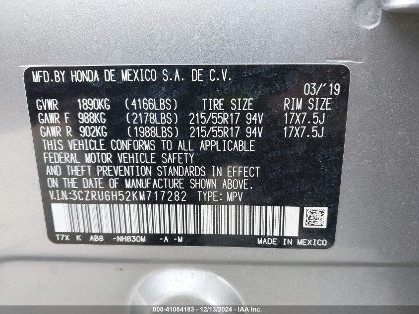 VIN 3CZRU6H52KM717282 2019 Honda HR-V, EX no.9