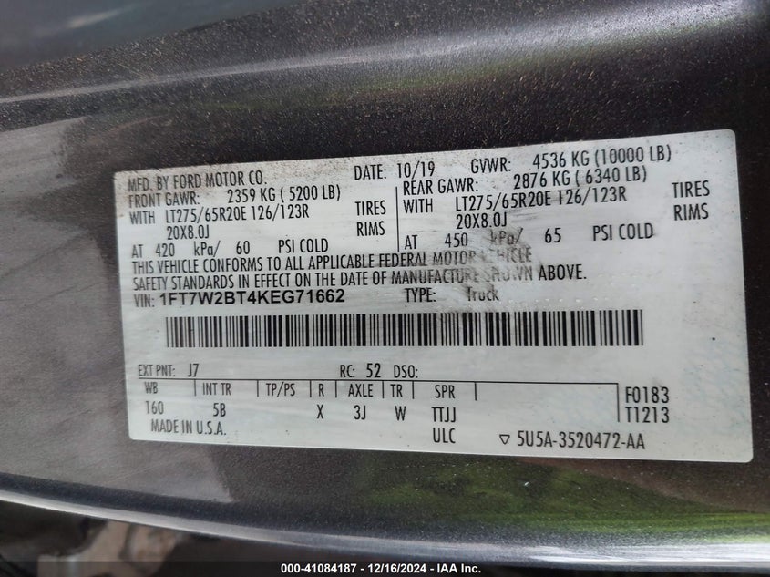 2019 FORD F250 LARIAT - 1FT7W2BTAKEG71662