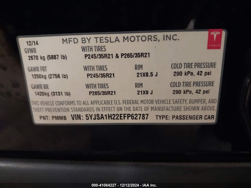 2014 Tesla Model S P85D VIN: 5YJSA1H22EFP62787 Lot: 41084227