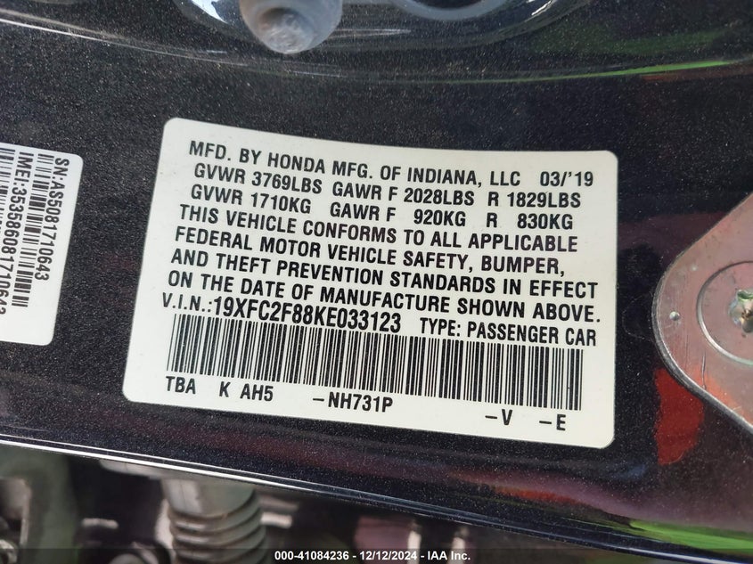 2019 HONDA CIVIC SPORT - 19XFC2F88KE033123