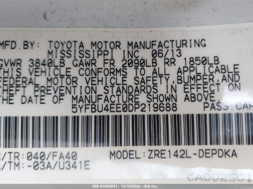 VIN 5YFBU4EE0DP219688 2013 TOYOTA COROLLA no.9