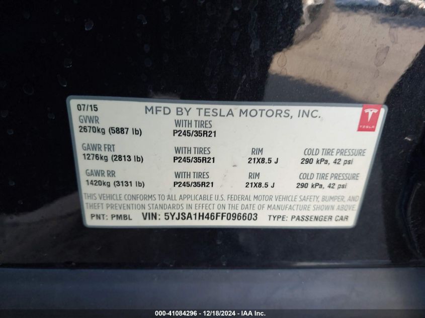 2015 Tesla Model S 85D/P85D VIN: 5YJSA1H46FF096603 Lot: 41084296