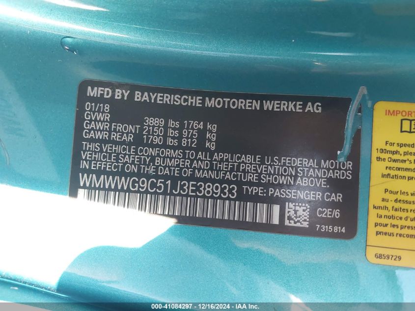 VIN WMWWG9C51J3E38933 2018 MINI CONVERTIBLE no.9