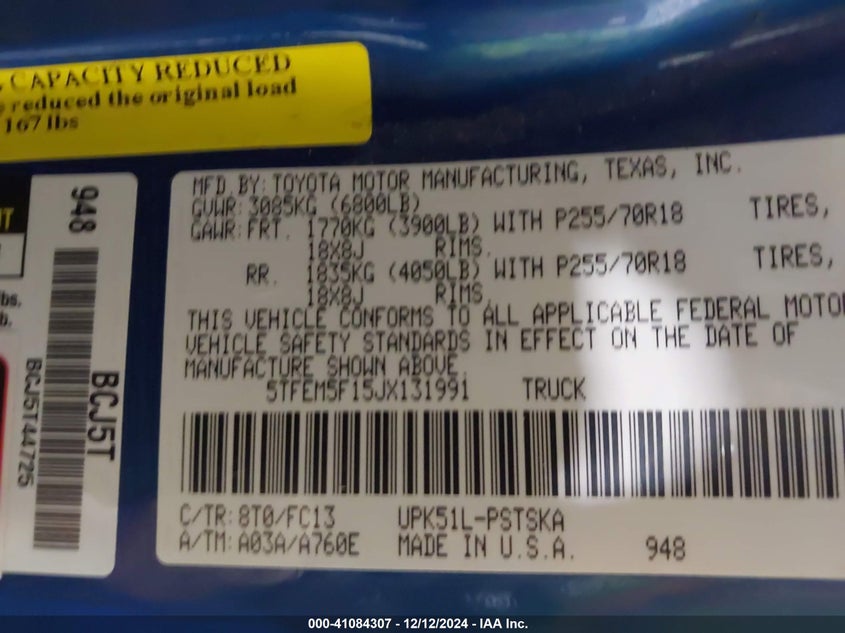2018 TOYOTA TUNDRA VIN: 5TFEM5F15JX131991