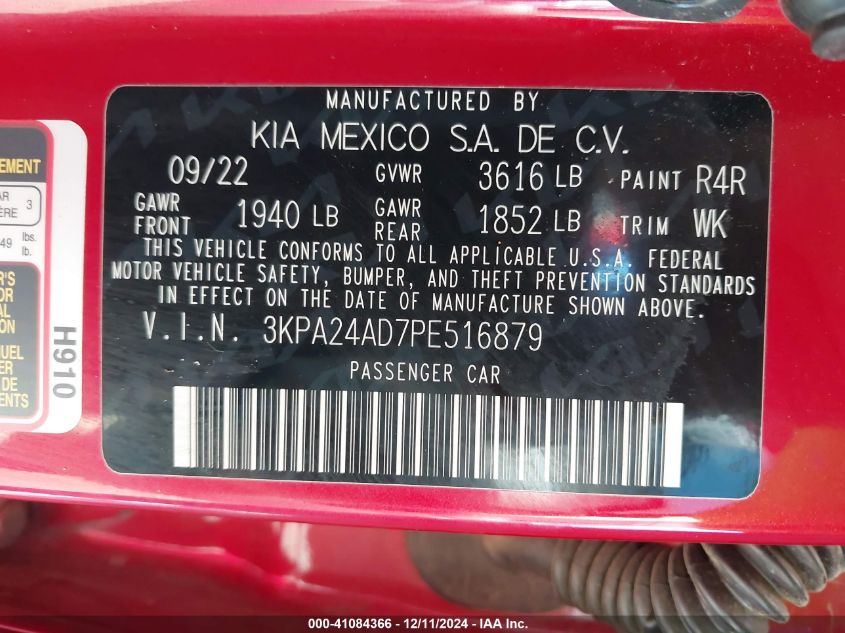 2023 Kia Rio S VIN: 3KPA24AD7PE516879 Lot: 41084366