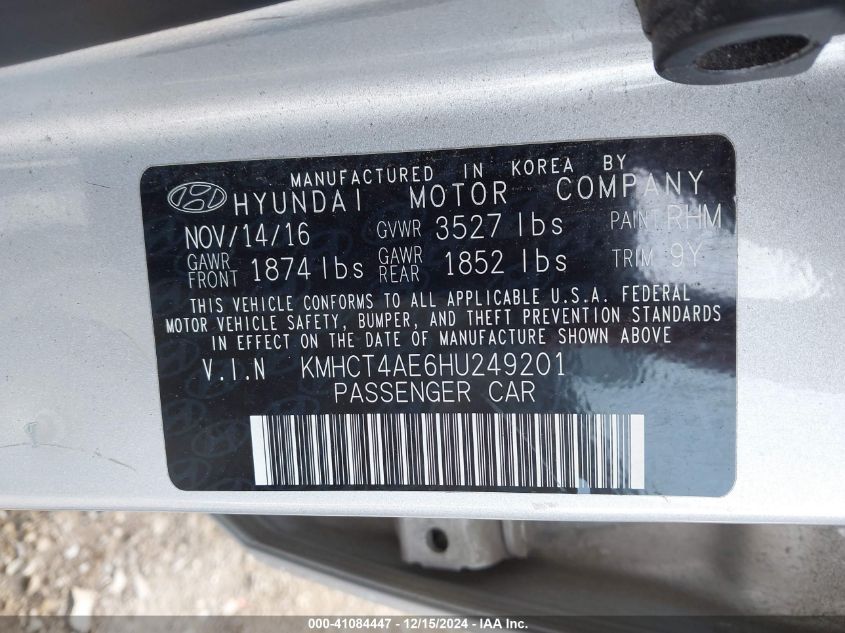 VIN KMHCT4AE6HU249201 2017 Hyundai Accent, SE no.9