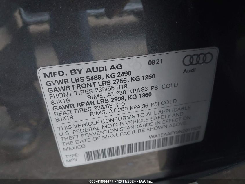 VIN WA1EAAFY9N2011929 2022 Audi Q5, Premium Plus 45... no.9