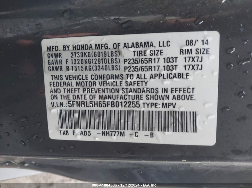 VIN 5FNRL5H65FB012255 2015 HONDA ODYSSEY no.9