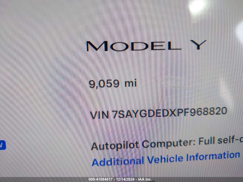 2023 Tesla Model Y Rwd VIN: 7SAYGDEDXPF968820 Lot: 41084517