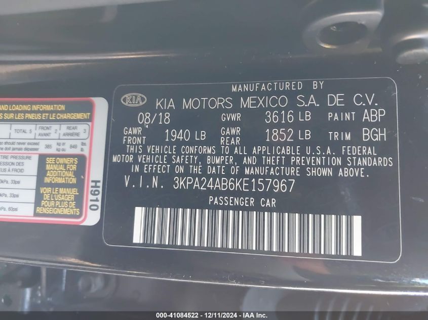 2019 Kia Rio S VIN: 3KPA24AB6KE157967 Lot: 41084522