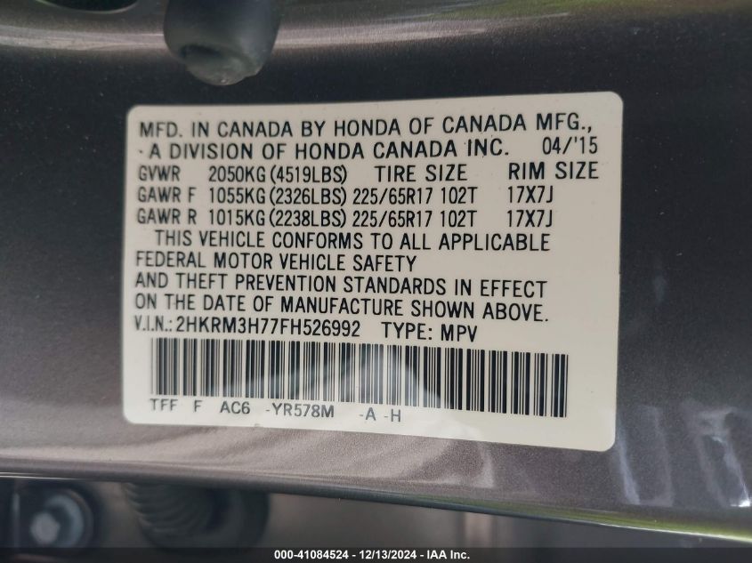 VIN 2HKRM3H77FH526992 2015 HONDA CR-V no.9