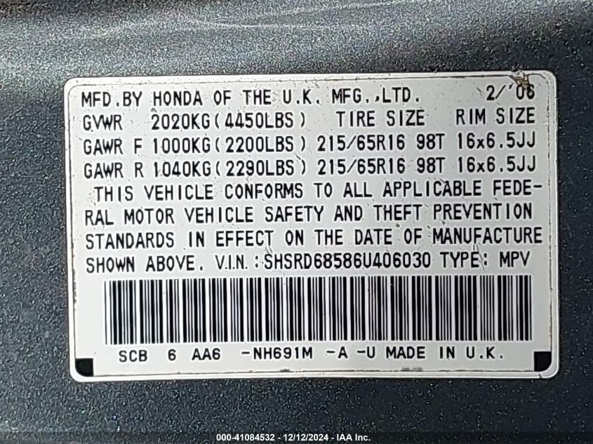 2006 Honda Cr-V Lx VIN: SHSRD68586U406030 Lot: 41084532