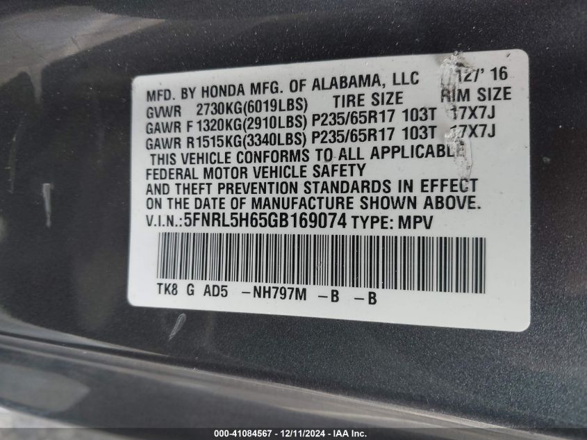 VIN 5FNRL5H65GB169074 2016 HONDA ODYSSEY no.9