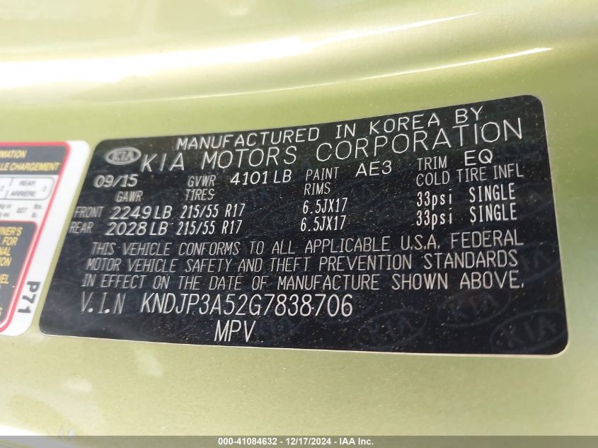 VIN KNDJP3A52G7838706 2016 KIA Soul, + no.9