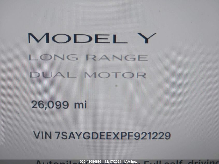 2023 Tesla Model Y Awd/Long Range Dual Motor All-Wheel Drive VIN: 7SAYGDEEXPF921229 Lot: 41084693