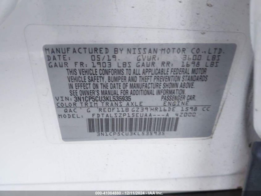 VIN 3N1CP5CU3KL535935 2019 Nissan Kicks, SV no.9