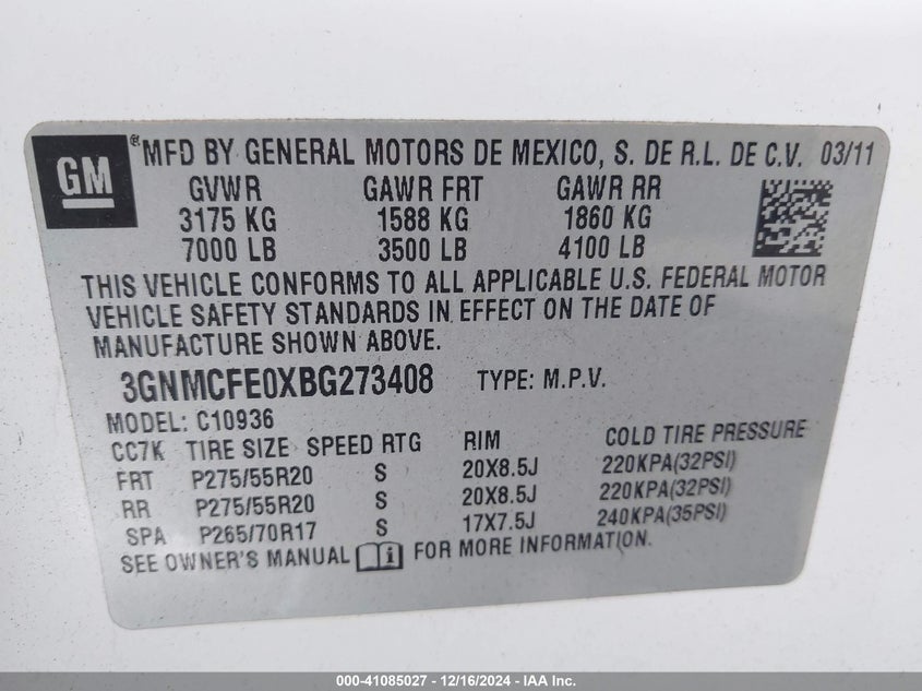 2011 CHEVROLET AVALANCHE 1500 VIN: 3GNMCFE0XBG273408