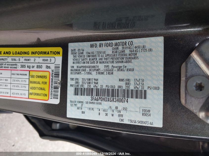 VIN 3FA6P0HDXGR340074 2016 Ford Fusion, SE no.9