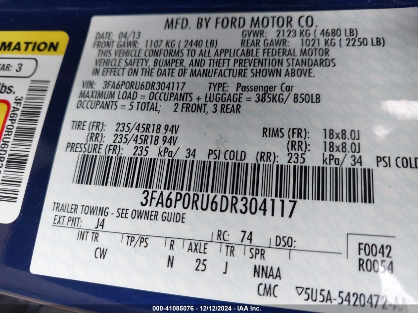 VIN 3FA6P0RU6DR304117 2013 Ford Fusion, Hybrid Tita... no.9