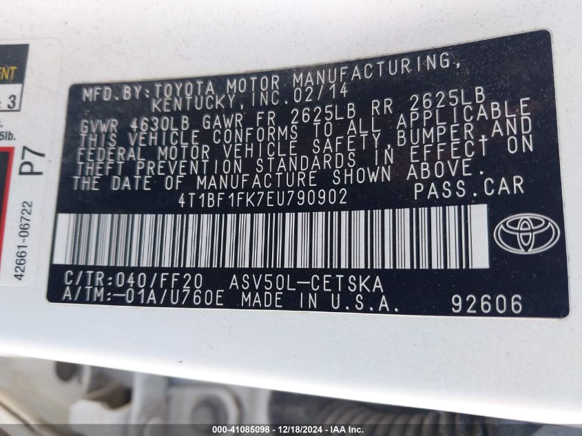 VIN 4T1BF1FK7EU790902 2014 Toyota Camry, SE no.9