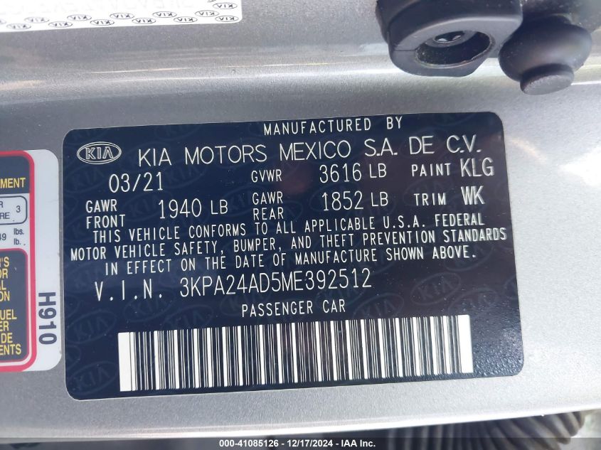 2021 Kia Rio S VIN: 3KPA24AD5ME392512 Lot: 41085126