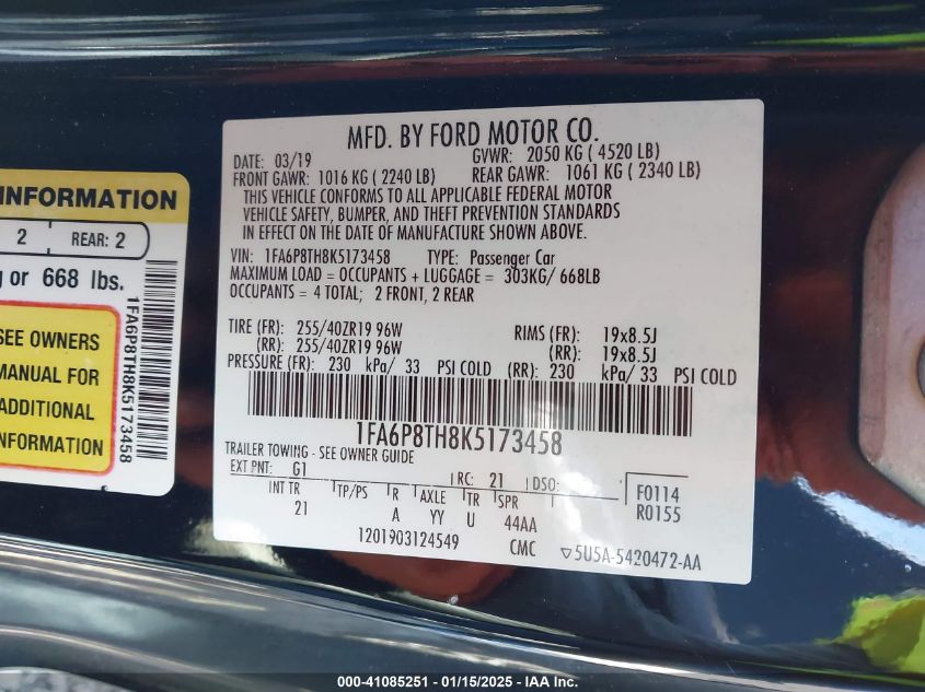 2019 Ford Mustang Ecoboost VIN: 1FA6P8TH8K5173458 Lot: 41085251