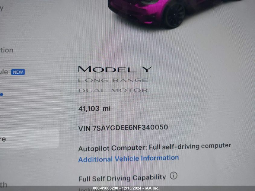 2022 Tesla Model Y Long Range Dual Motor All-Wheel Drive VIN: 7SAYGDEE6NF340050 Lot: 41085290