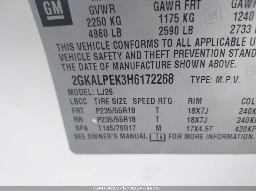 VIN 2GKALPEK3H6172268 2017 GMC TERRAIN SLT