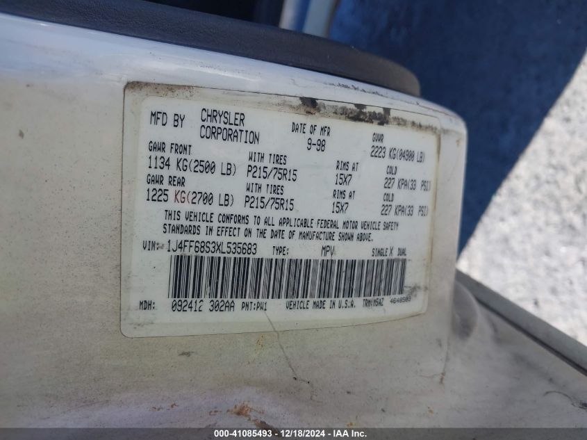 1999 Jeep Cherokee VIN: 1J4FF68A3XL535683 Lot: 41085493