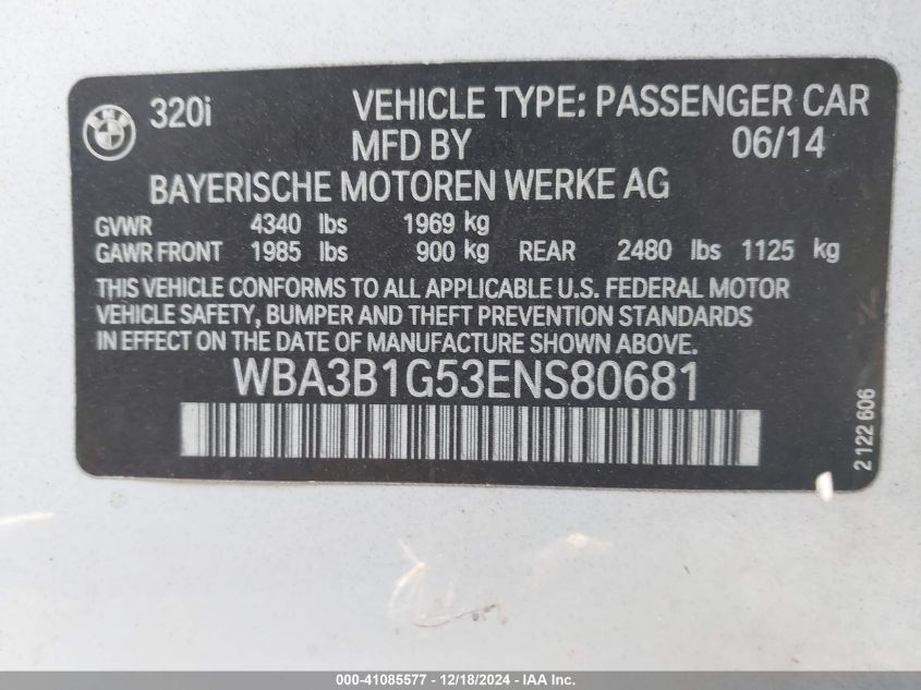 VIN WBA3B1G53ENS80681 2014 BMW 3 Series, 320I no.9