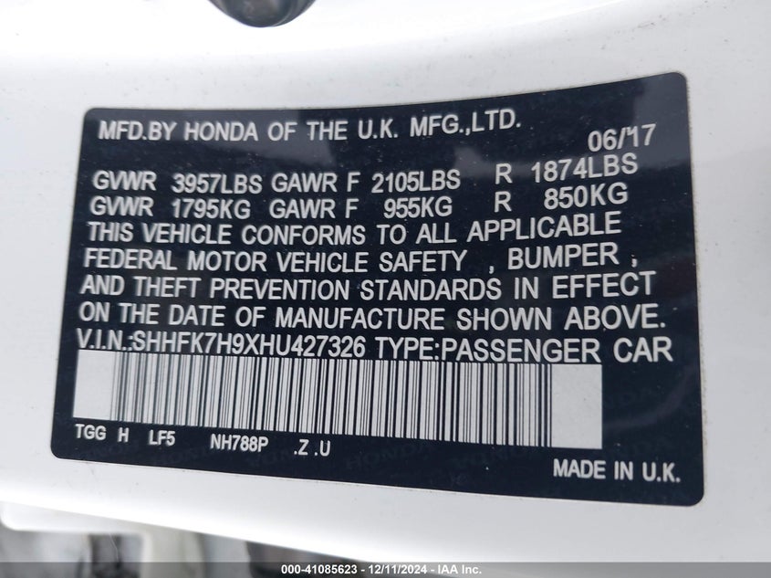 2017 HONDA CIVIC VIN: SHHFK7H9XHU427326