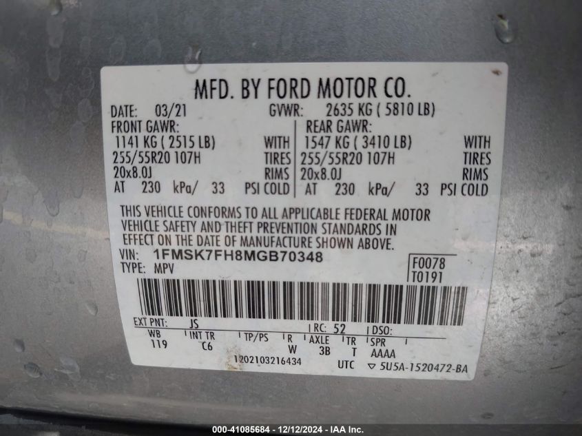 2021 Ford Explorer Limited VIN: 1FMSK7FH8MGB70348 Lot: 41085684