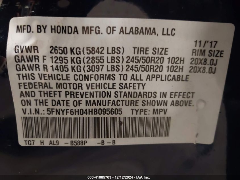 VIN 5FNYF6H04HB095605 2017 Honda Pilot, Elite no.9