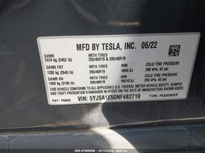 2022 Tesla Model S Dual Motor All-Wheel Drive VIN: 5YJSA1E50NF482719 Lot: 41085806