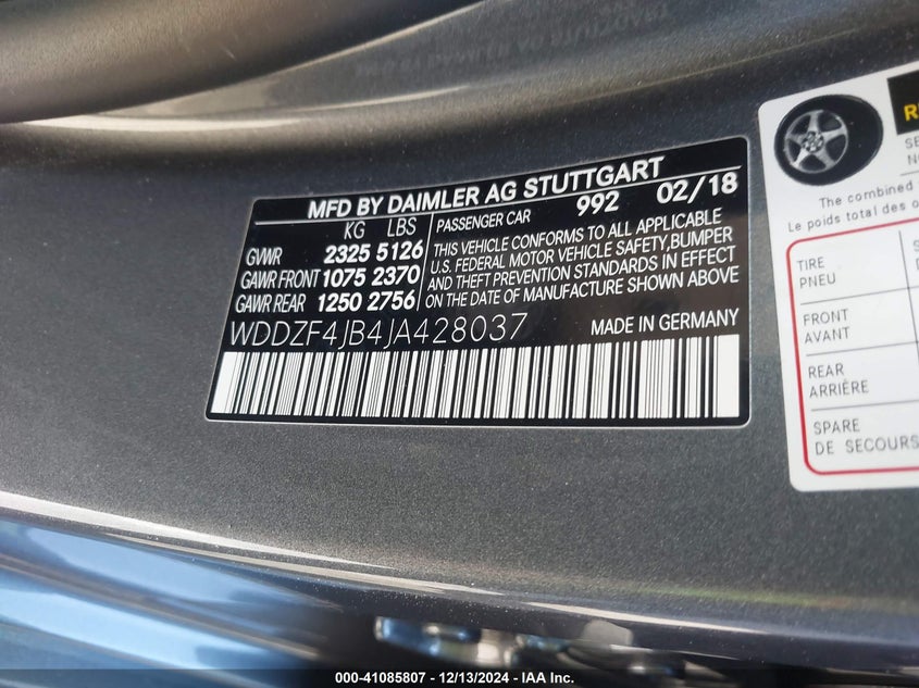 2018 MERCEDES-BENZ E VIN: WDDZF4JB4JA428037