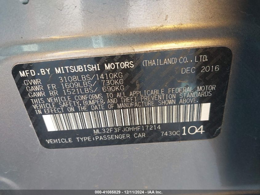 VIN ML32F3FJ0HHF17214 2017 Mitsubishi Mirage, G4 ES no.9