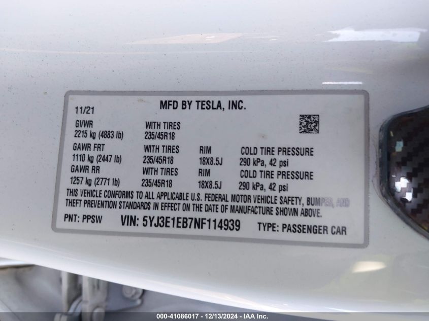 2022 Tesla Model 3 VIN: 5YJ3E1EB7NF114939 Lot: 41086017