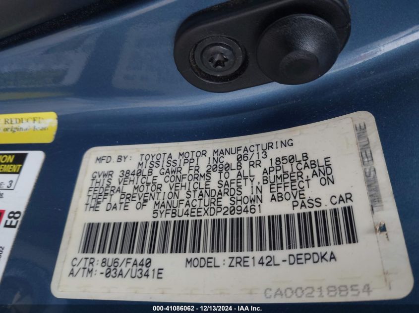 VIN 5YFBU4EEXDP209461 2013 Toyota Corolla, L no.9