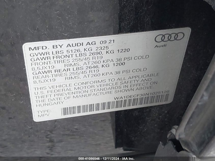 VIN WA1DECF30N1025126 2022 Audi Q3, Premium 45 Tfsi... no.9