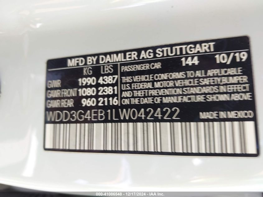 VIN WDD3G4EB1LW042422 2020 Mercedes-Benz A 220 no.9