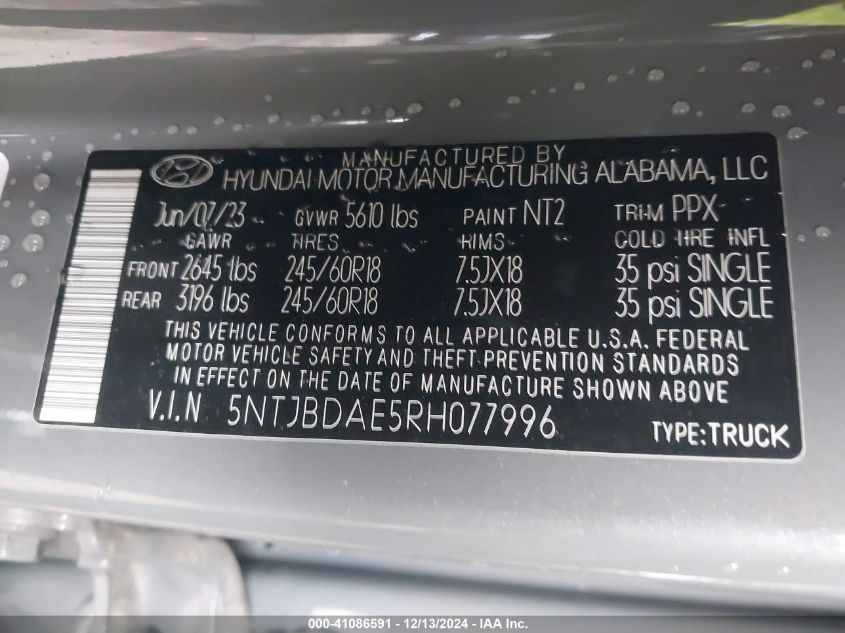 2024 Hyundai Santa Cruz Sel VIN: 5NTJBDAE5RH077996 Lot: 41086591