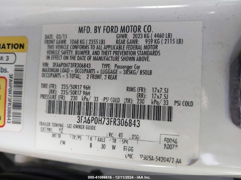 VIN 3FA6P0H73FR306843 2015 Ford Fusion, SE no.9