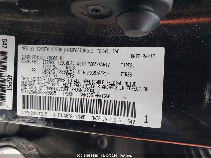 2017 TOYOTA TACOMA VIN: 5TFCZ5AN2HX089065
