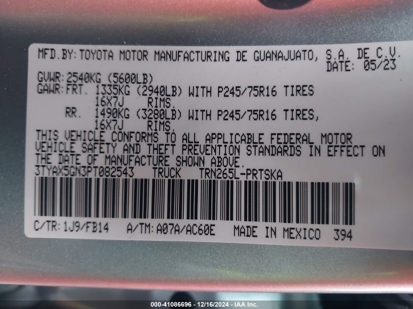 2023 Toyota Tacoma Sr VIN: 3TYAX5GN3PT082543 Lot: 41086696