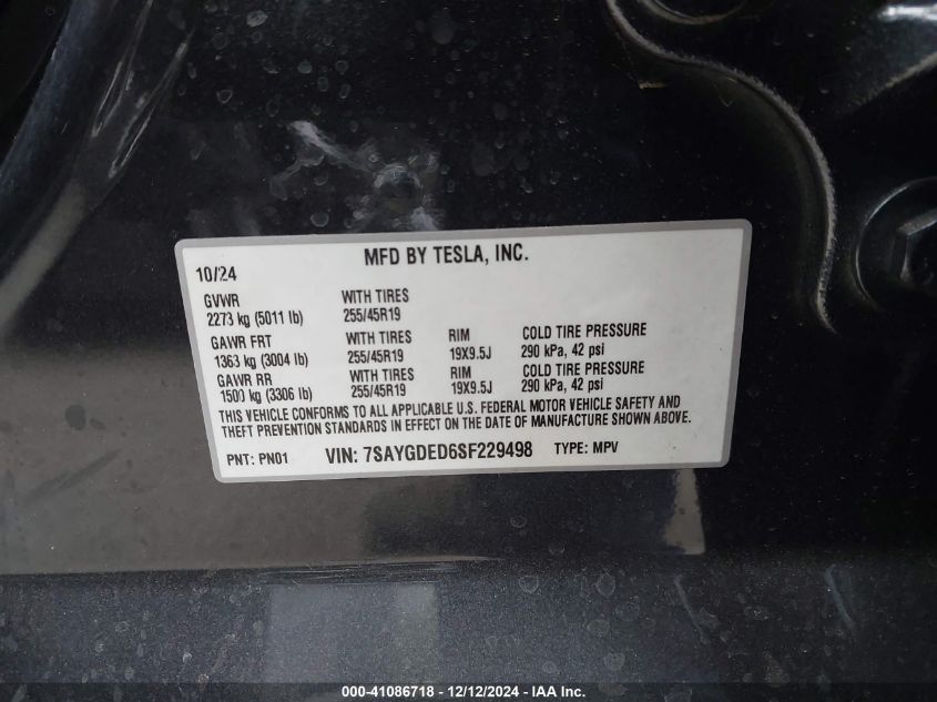 2025 Tesla Model Y Long Range Dual Motor All-Wheel Drive VIN: 7SAYGDED6SF229498 Lot: 41086718