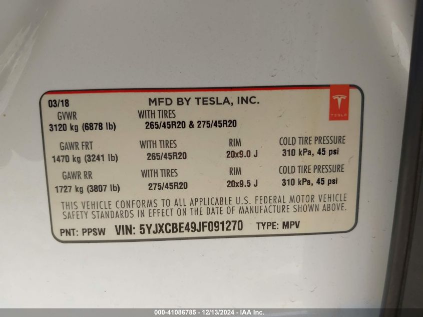 2018 Tesla Model X 100D/75D/P100D VIN: 5YJXCBE49JF091270 Lot: 41086785