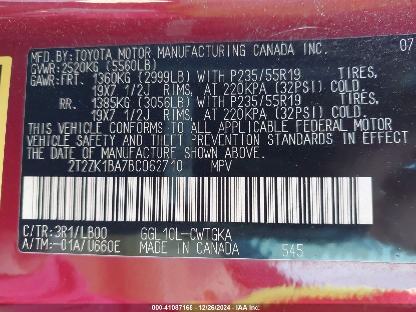 2011 Lexus Rx 350 VIN: 2T2ZK1BA7BC062710 Lot: 41087168