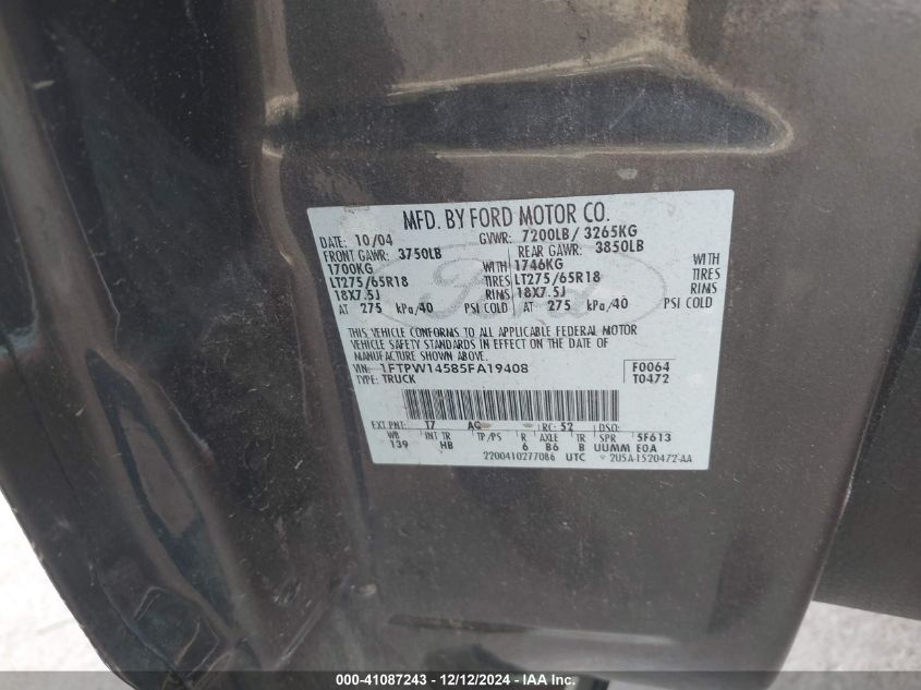 2005 Ford F-150 Fx4/Lariat/Xlt VIN: 1FTPW14585FA19408 Lot: 41087243