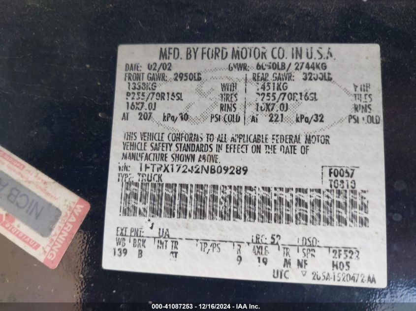 2002 Ford F-150 Xl/Xlt VIN: 1FTRX17242NB09289 Lot: 41087253